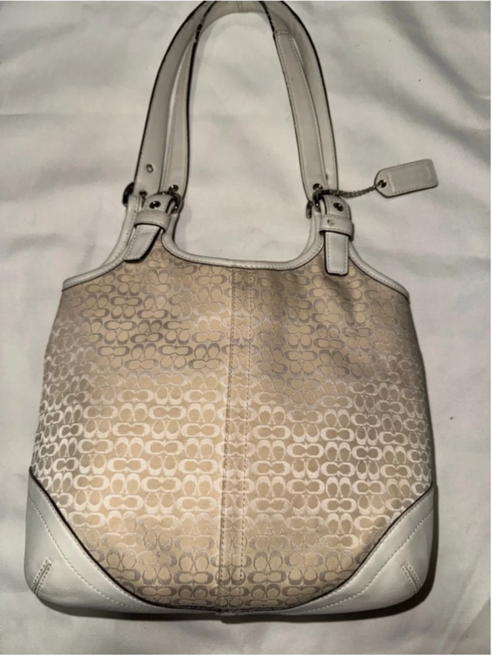 Coach Signature Jacquard Tote Cream White Leather Shoulder Bag Y2K